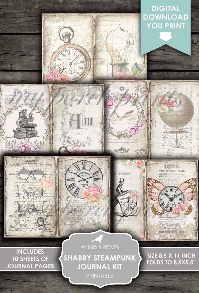 May include: A printable journal kit with a steampunk theme. The kit includes 10 sheets of journal pages with images of clocks, hot air balloons, a train, and other vintage elements. The pages are 8.5 inches by 11 inches and fold to 8.5 inches by 5.5 inches.
