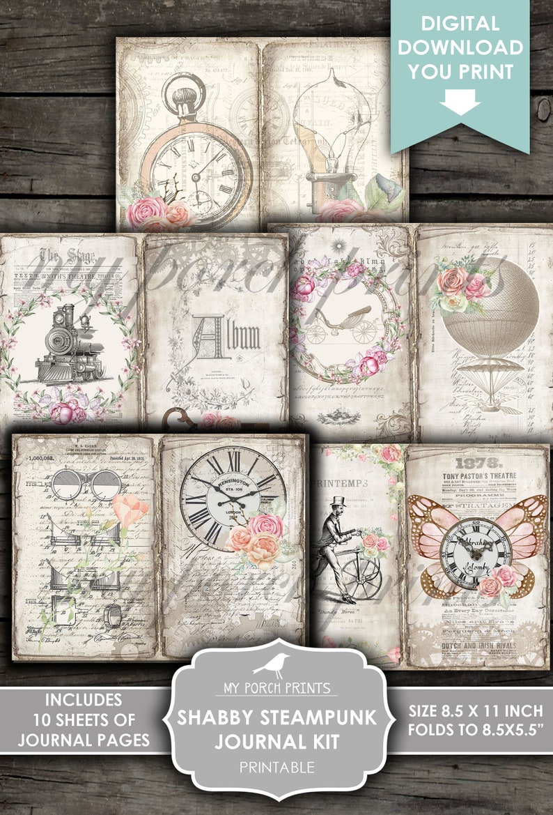 Junk Journal Kit, Shabby Steampunk, Victorian, Academia, Vintage, Pink, Feminine, Scrapbook, My Porch Prints, Printable, Digital Download image 4