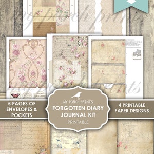 May include: Printable journal kit with a vintage floral theme. The kit includes five pages of envelopes and pockets, four printable paper designs, and the text "Forgotten Diary Journal Kit".