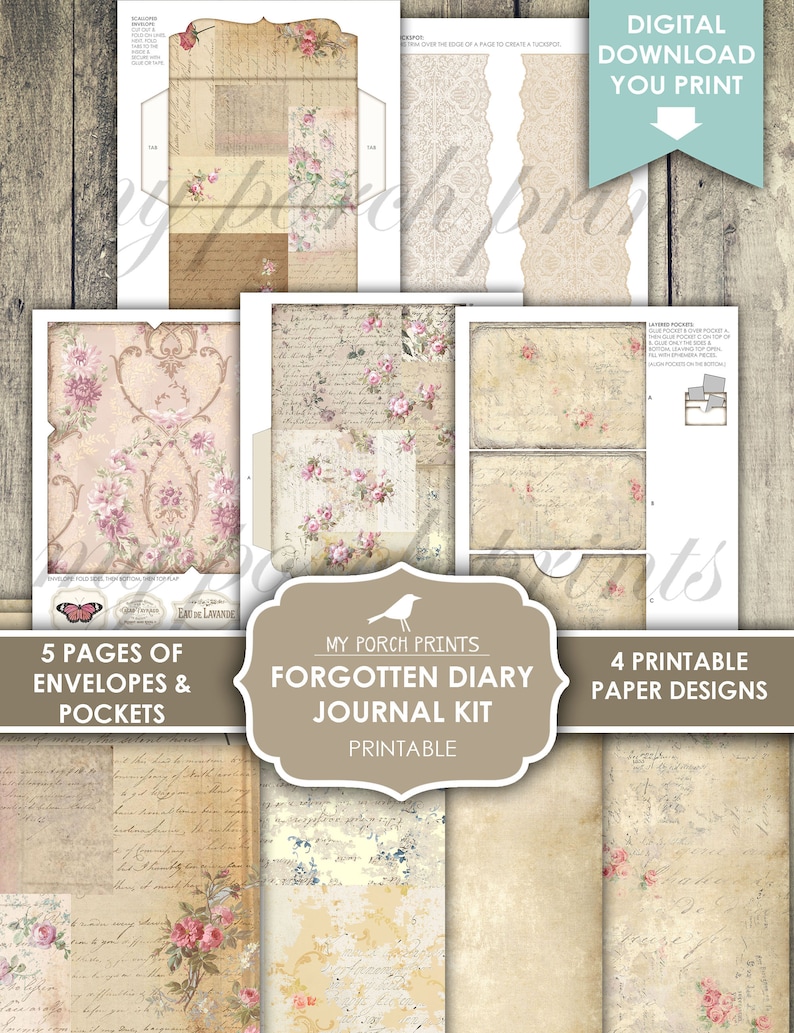 May include: Printable journal kit with a vintage floral theme. The kit includes five pages of envelopes and pockets, four printable paper designs, and the text "Forgotten Diary Journal Kit".