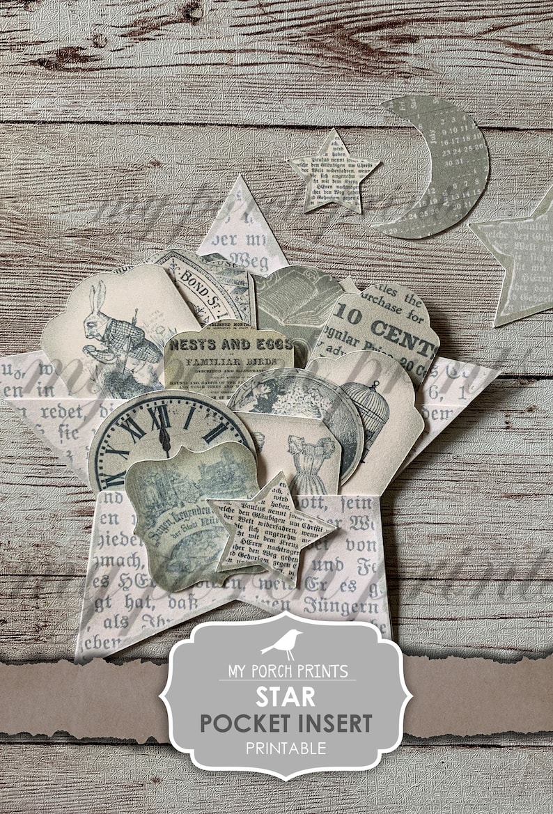Puede incluir: Inserci&oacute;n de bolsillo imprimible para un proyecto de artesan&iacute;a en forma de estrella. La inserci&oacute;n presenta una variedad de im&aacute;genes de estilo vintage, incluyendo un reloj, una jaula para p&aacute;jaros, un conejo y un vestido. El texto "My Porch Prints" y "Star Pocket Insert" tambi&eacute;n est&aacute; incluido.