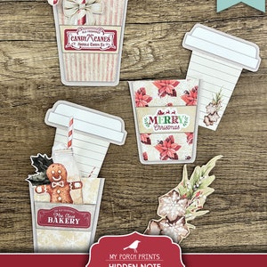 K&ouml;nnte beinhalten: Druckbare Weihnachts-Kaffeebecher-Geschenk-Etiketten mit einem versteckten Notizbereich. Die Designs zeigen einen Lebkuchenmann, Zuckerstangen, ein Weihnachtsstern-Muster und ein winterliches Blumenmuster.