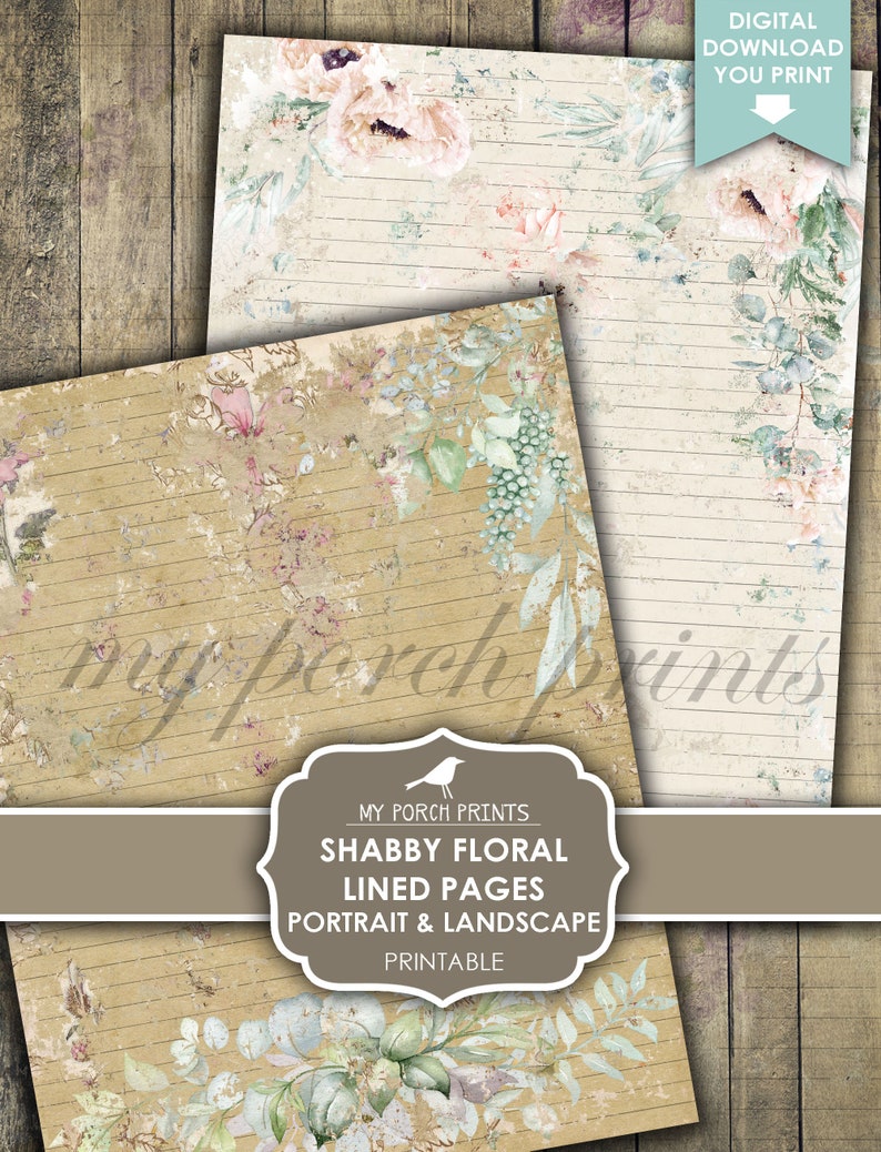May include: Shabby floral lined pages in portrait and landscape formats. The printable pages feature a vintage design with floral and botanical elements in soft pastel colors. The pages have a lined design and are perfect for journaling or scrapbooking.