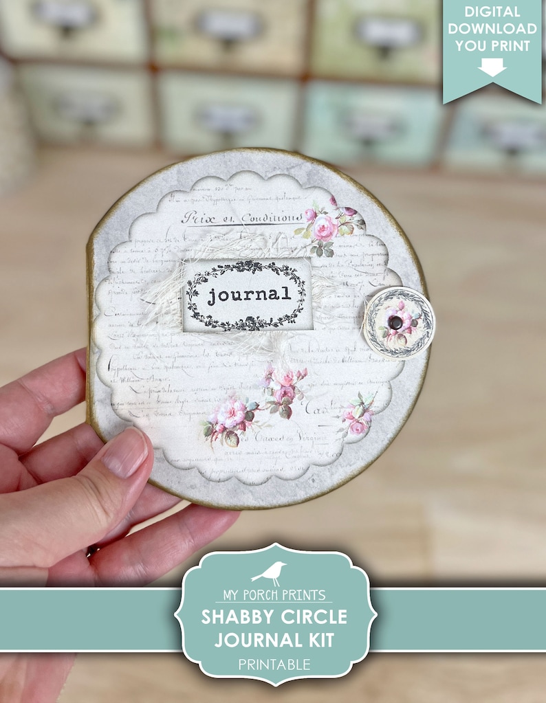 May include: Printable shabby chic journal kit with a circle design. The journal cover features a vintage floral pattern with the word "journal" in a black frame. The kit is perfect for crafting and scrapbooking.