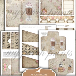 Op de afbeelding: Printbare koffiebar-thema journal kit met enveloppen en zakken. De kit bevat een verscheidenheid aan ontwerpen met koffiebekers, een koffiemolen en bloemmotieven. De kit is perfect voor het maken van een uniek en gepersonaliseerd journal.