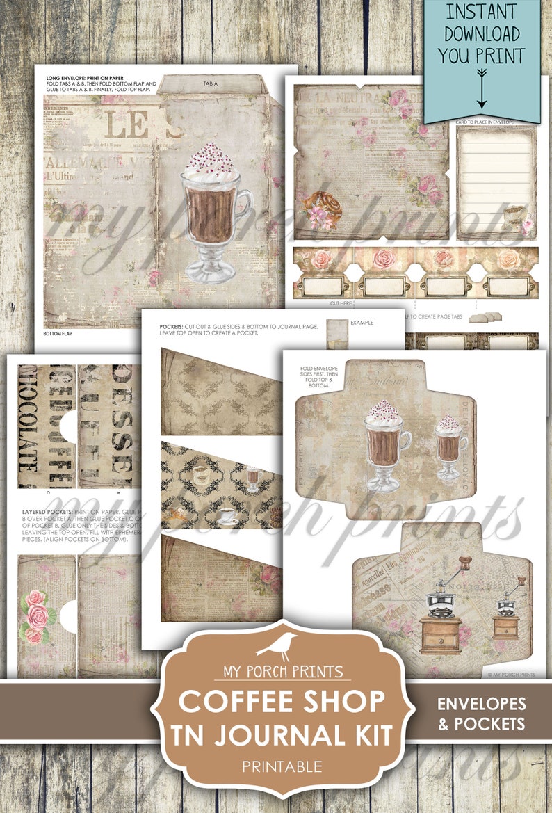 Op de afbeelding: Printbare koffiebar-thema journal kit met enveloppen en zakken. De kit bevat een verscheidenheid aan ontwerpen met koffiebekers, een koffiemolen en bloemmotieven. De kit is perfect voor het maken van een uniek en gepersonaliseerd journal.