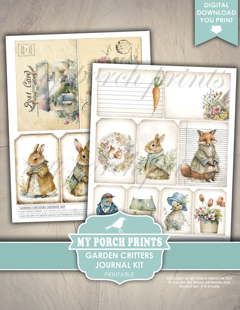 Garden Critters Junk Journal Kit, Woodland, Beatrix Potter Style, Spring, Easter, Animals, My Porch Prints, Printable, Digital Download image 8