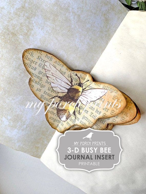 Junk Journal Insert, 3D, Busy, Bee, Book Page, Dimensional