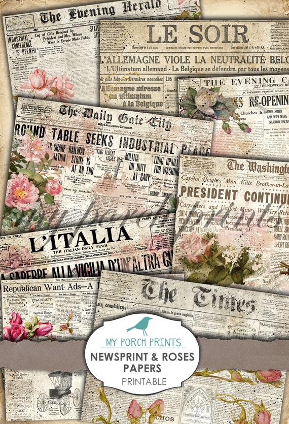 Newspaper Roses, Printable, Paper, Newsprint, Junk Journal, Digital Kit,  Ephemera, My Porch Prints, Shop, Collage Sheet, Vintage, Download 