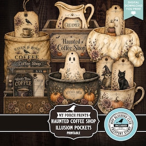 Könnte beinhalten: Eine digitale Download-Sammlung mit Halloween-Grafiken im Vintage-Stil, darunter ein Haunted Coffee Shop-Schild, ein Milchkännchen, ein Kessel mit einem Geist, eine Kürbisschale und Anhänger mit Illustrationen von einem Raben, einer Eule und einer schwarzen Katze.