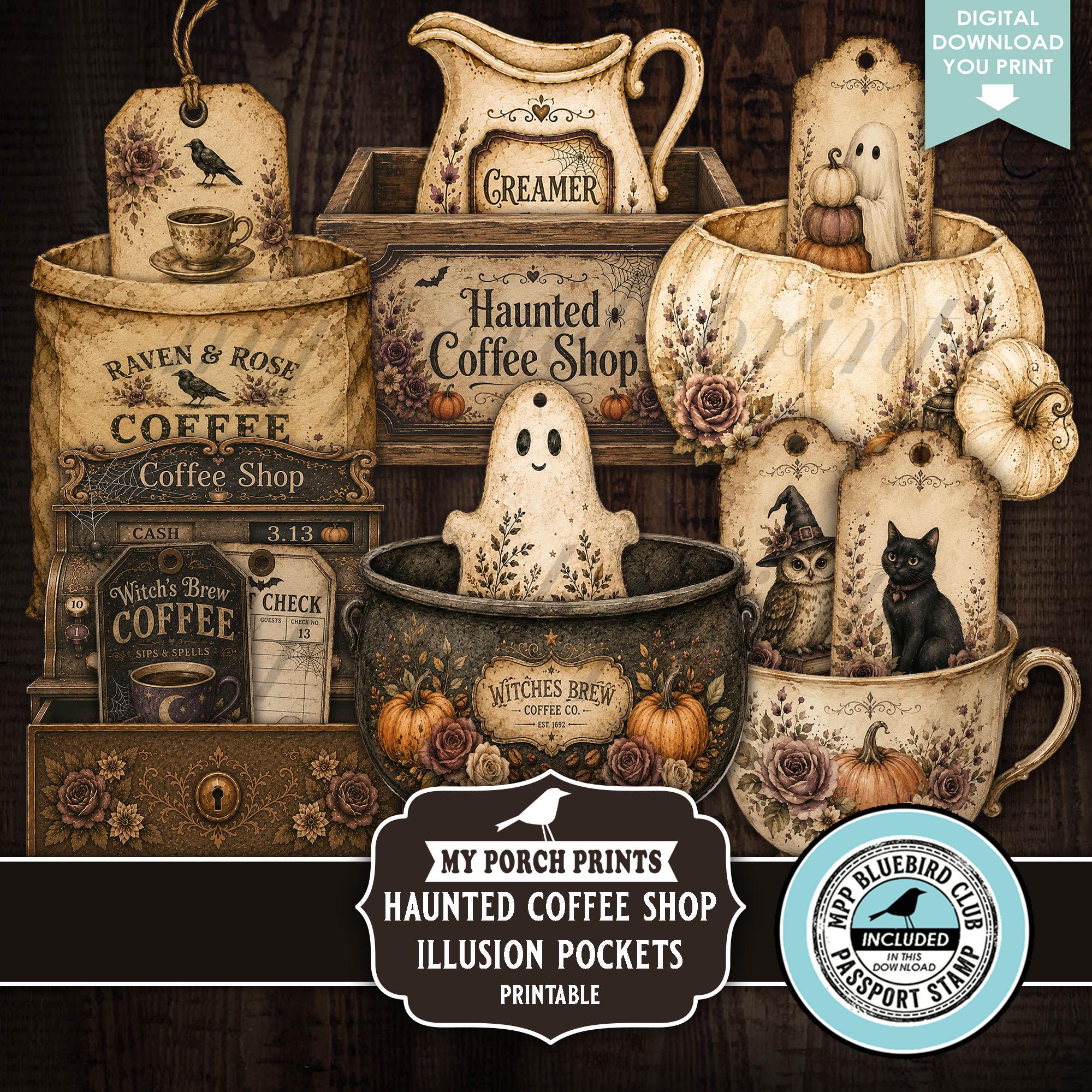 Haunted Coffee Shop Illusion Pockets, Junk Journal, Kit, Ephemera Tags Halloween, Pumpkin, Ghost, My Porch Prints Printable Digital Download
