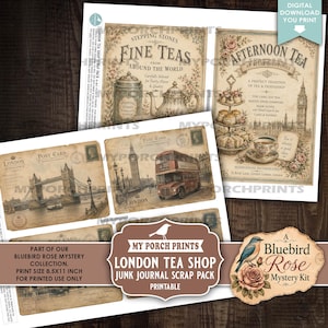 May include: A digital download junk journal scrap pack featuring vintage-style London tea shop imagery. The printable sheets include illustrations of tea service, Tower Bridge, a red double-decker bus, and text like Fine Teas and Afternoon Tea.