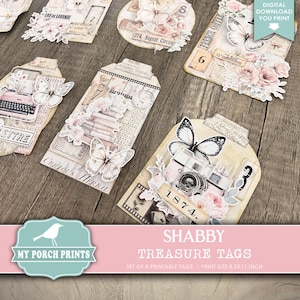 Shabby Treasure Tags Kit, Junk Journal, Ephemera, Fussy Cuts, Pink, Tag, Vintage, Matching, Set, Roses, My Porch Prints, Digital Download