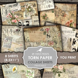 May include: Eight printable collage sheets featuring vintage-style torn paper designs. Each sheet is 8.5 inches by 11 inches and features a variety of images, including flowers, maps, and text. The sheets are perfect for scrapbooking, card making, and other craft projects.