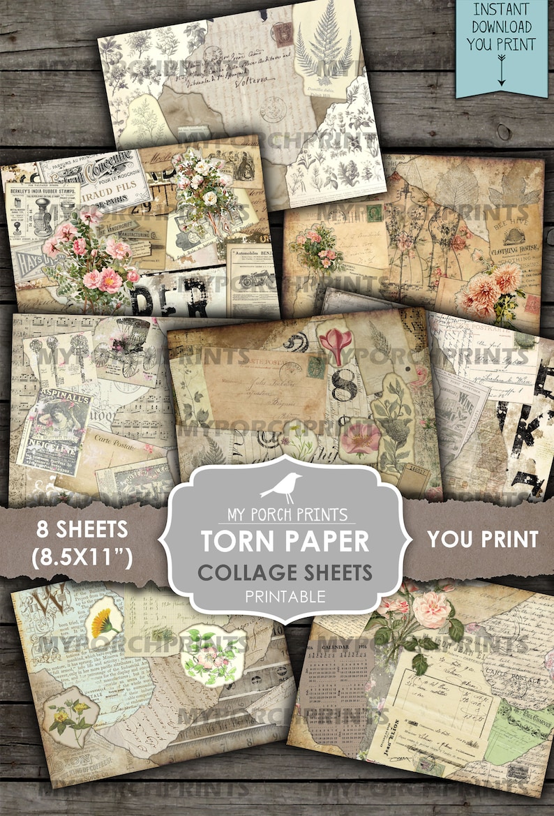 May include: Eight printable collage sheets featuring vintage-style torn paper designs. Each sheet is 8.5 inches by 11 inches and features a variety of images, including flowers, maps, and text. The sheets are perfect for scrapbooking, card making, and other craft projects.