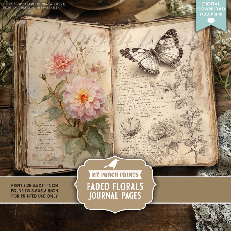 Faded Florals Junk Journal PAGES, Vintage, Flowers, Botanical, Edith ...
