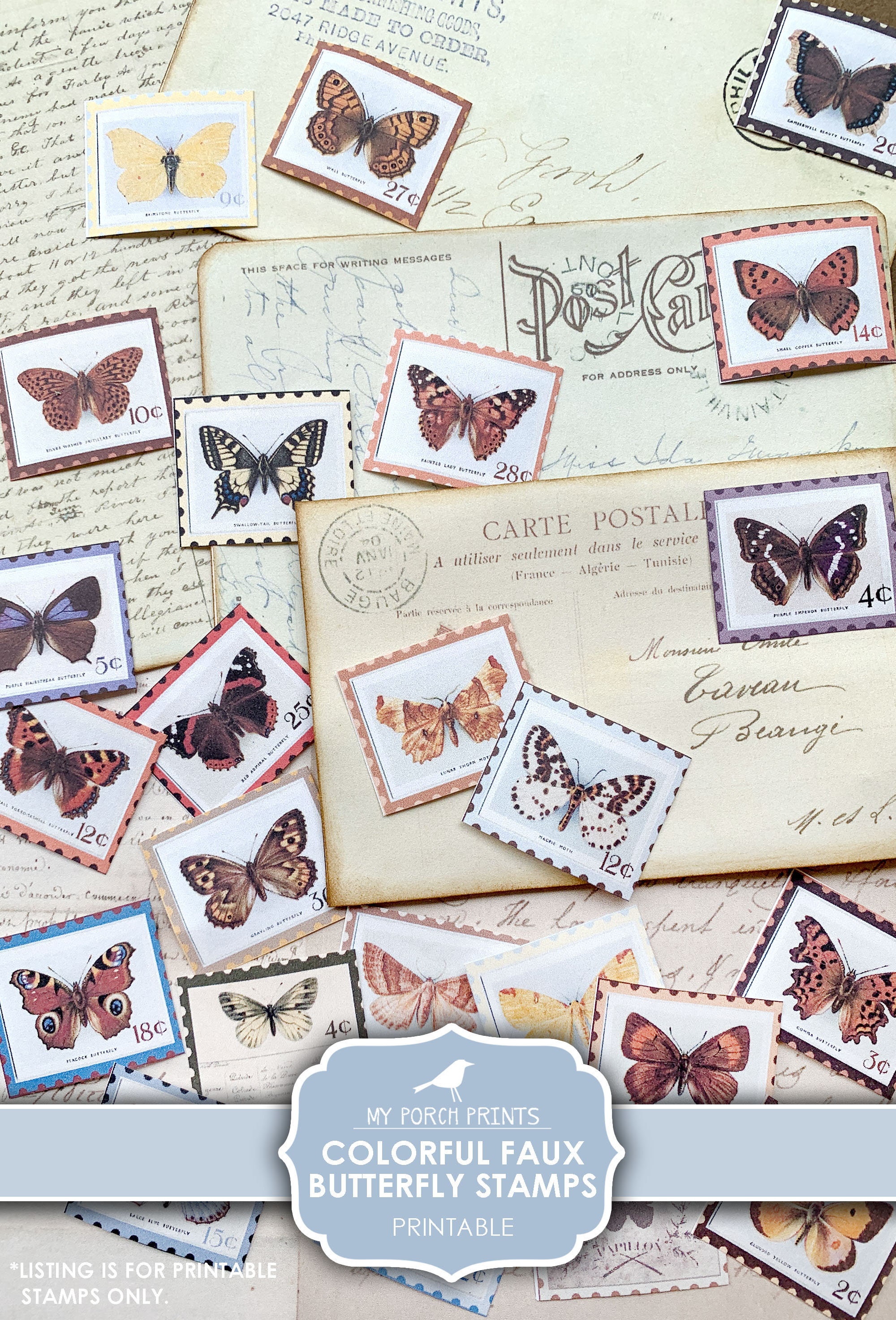 Butterfly Stamps, Faux, Colorful, Junk Journal, Ephemera, Printable, …