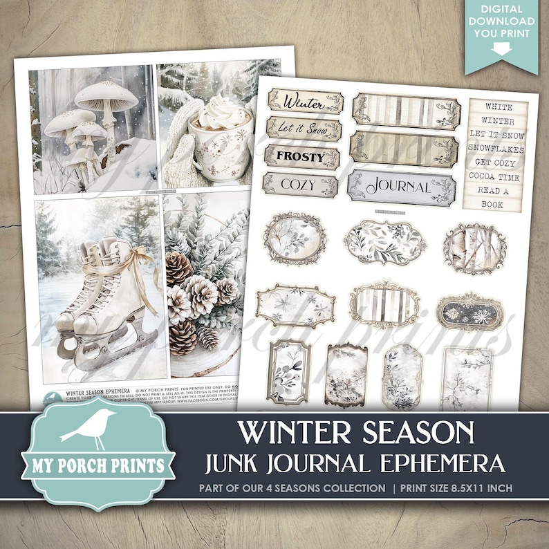 Winter Season EPHEMERA, Junk Journal, Kit, White, Neutral, Holiday ...