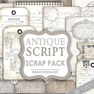 Antique Script, Junk Journal Kit, Handschrift, schwarz & weiß, Neutral, My Porch Prints, printable, Postkarte, vintage, download