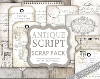 Antique Script, Scrap Pack, junk journal kit, handwriting, black & white, Neutral, My Porch Prints, printable, postcard, vintage, download