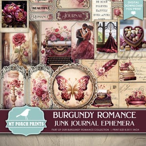Burgundy Romance EPHEMERA, Junk Journal, Kit, Red, Pink, Purple, Cards, Valentine's Day, My Porch Prints, Printable Digital Download