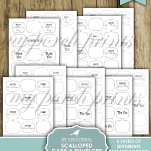May include: Five printable sheets of scalloped card and envelope templates with various sentiments in black and brown text. The sentiments include "Happy Birthday", "Happy Mother's Day", "Happy Father's Day", "Happy Anniversary", "Merry Christmas", "Deepest Sympathy", "Thank You", "Congrats", and "For You".
