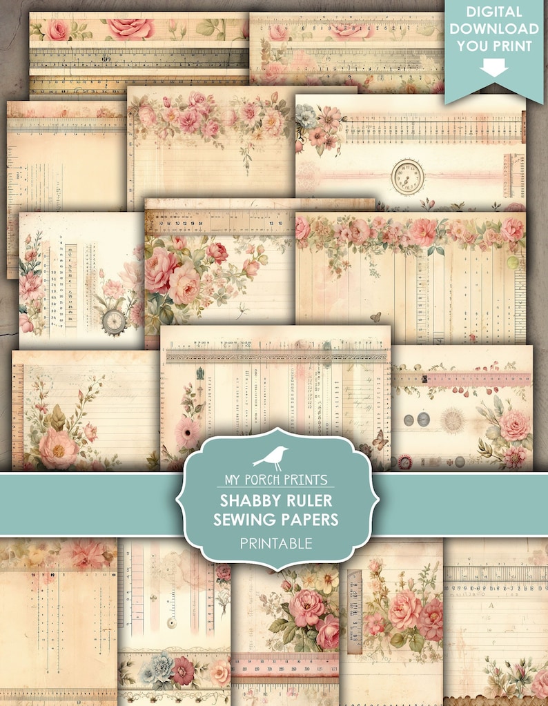 Op de afbeelding: Een set van 12 afdrukbare digitale papieren in shabby chic-stijl met roze rozen, bloemmotieven en vintage naai-linialen. De papieren zijn perfect voor scrapbooking, kaart maken en andere knutselprojecten.