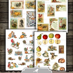 May include: Twelve printable sheets of vintage fall harvest images, including turkeys, pumpkins, apples, pears, and children. The sheets are 8.5 inches by 11 inches.