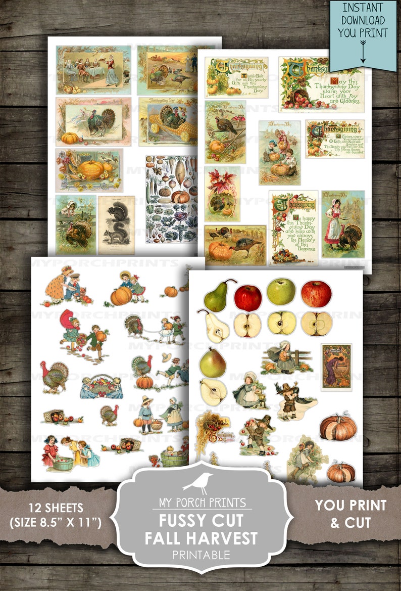 May include: Twelve printable sheets of vintage fall harvest images, including turkeys, pumpkins, apples, pears, and children. The sheets are 8.5 inches by 11 inches.