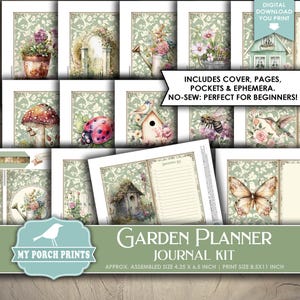May include: A digital download journal kit with a garden theme. The kit includes cover, pages, pockets, and ephemera. The assembled size is approximately 4.25 x 6.5 inches, and the print size is 8.5 x 11 inches. The kit features floral and nature illustrations.