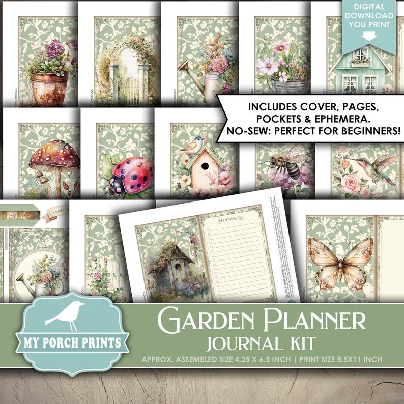 May include: A digital download journal kit with a garden theme. The kit includes cover, pages, pockets, and ephemera. The assembled size is approximately 4.25 x 6.5 inches, and the print size is 8.5 x 11 inches. The kit features floral and nature illustrations.