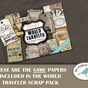 Puede incluir: Un paquete de papel de scrapbooking imprimible con tem&aacute;tica de viajes. Los papeles presentan im&aacute;genes de una bicicleta, la Torre Eiffel, una br&uacute;jula, un mapa y una se&ntilde;al de la Ruta 66. El texto "Printable World Traveler Scrap Pack" aparece en el paquete de papel.