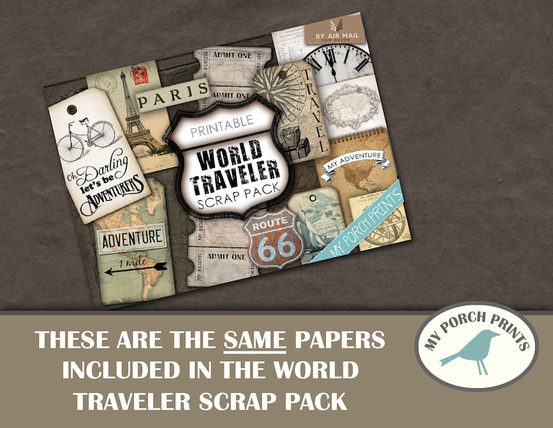 Puede incluir: Un paquete de papel de scrapbooking imprimible con tem&aacute;tica de viajes. Los papeles presentan im&aacute;genes de una bicicleta, la Torre Eiffel, una br&uacute;jula, un mapa y una se&ntilde;al de la Ruta 66. El texto "Printable World Traveler Scrap Pack" aparece en el paquete de papel.