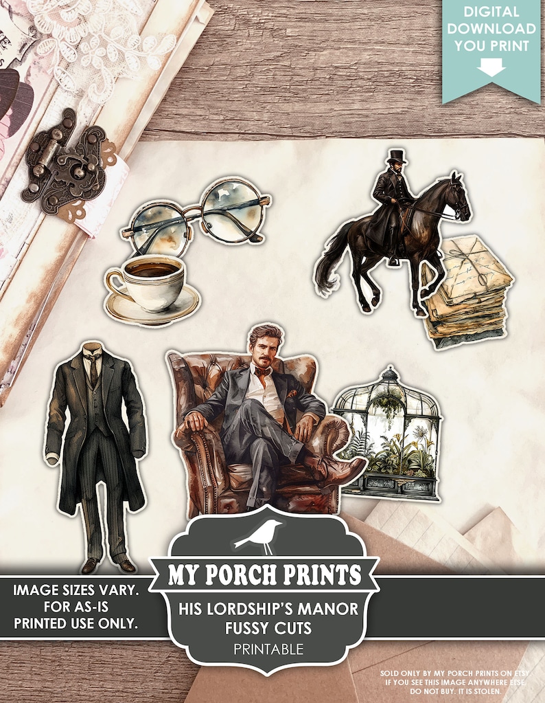 His Lordship's Manor Fussy Cuts, Junk Journal, Vintage, Cricut, Victorian, Men, BuJo, Stickers, Printable, My Porch Prints, Digital Download image 8