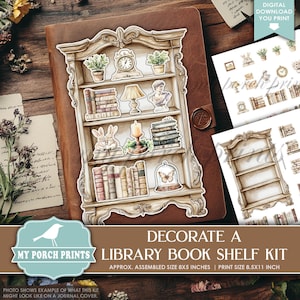 Decorate a Library Book Shelf Kit, Books, Bookshelf, Bookcase, Cricut, Junk Journal, Fussy Cuts, My Porch Prints Printable Digital Download