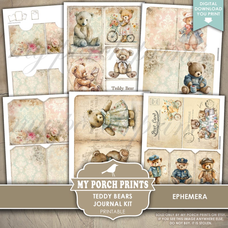 Teddy Bears Junk Journal Kit, Vintage, Bear, Children, Boy, Girl, Baby