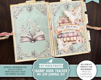 Shabby Book Tracker No-Sew Junk Journal Kit, Gift Idea Beginner Easy Lover No Sewing Reading Log My Porch Prints Printable Digital Download