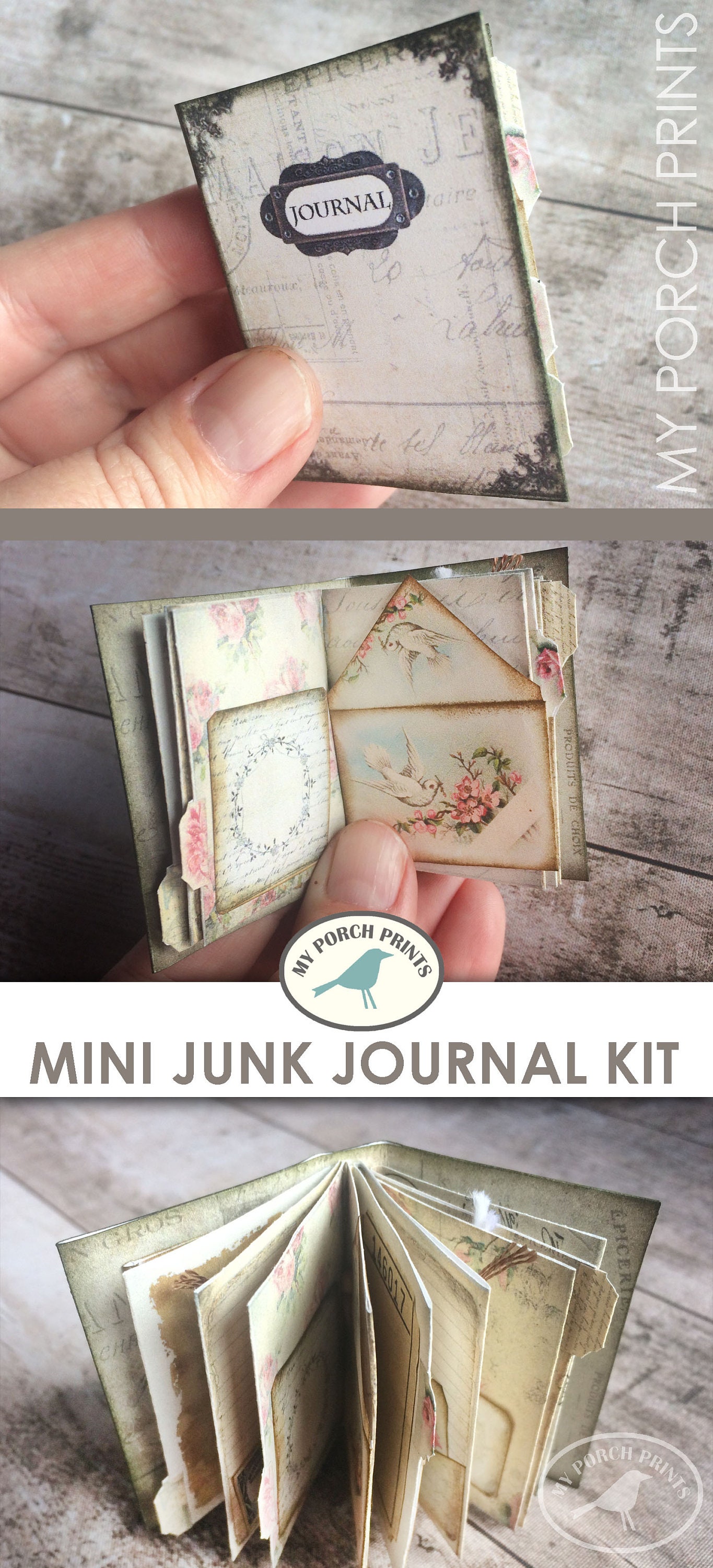 Mini Junk Journal, Ephemera, Printable, Vintage, Craft Kit, Miniature 