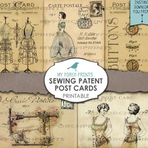 Puede incluir: Un conjunto de cuatro postales imprimibles de estilo vintage con patentes de costura. Las postales est&aacute;n impresas en un fondo color crema con texto e ilustraciones marrones. La primera postal muestra un diagrama de un elevador de camisa, la segunda muestra un diagrama de un cors&eacute;, la tercera muestra un diagrama de una m&aacute;quina de coser y la cuarta muestra un diagrama de botones. El texto en las postales dice "POST CARD", "CARTE POSTALE", "H.H. Cole Shirt Elevator Patented Feb. 27, 1866" y "BUTTONS".