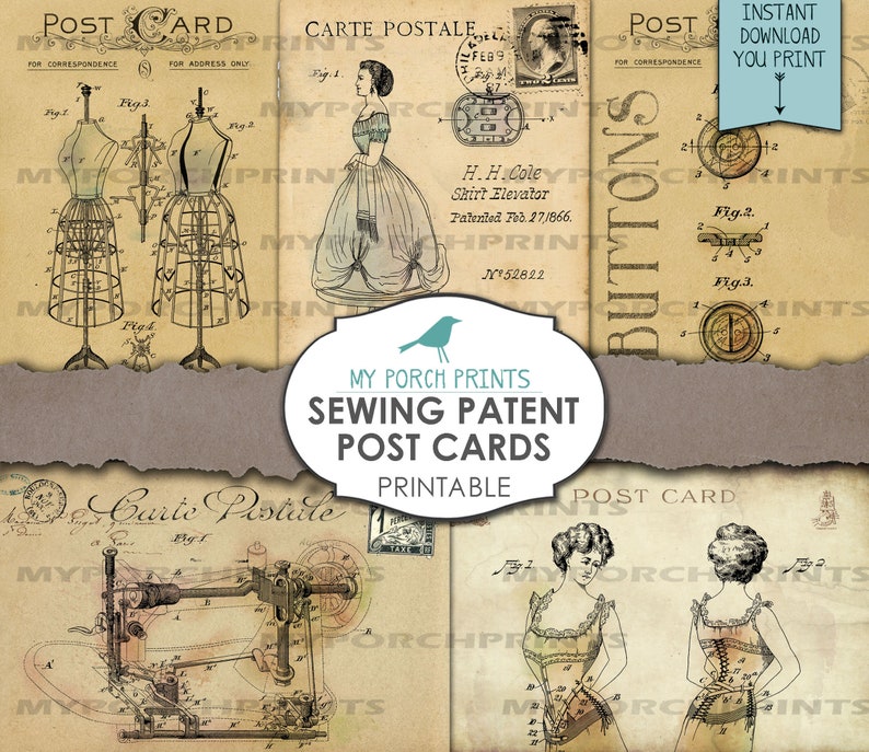 Puede incluir: Un conjunto de cuatro postales imprimibles de estilo vintage con patentes de costura. Las postales est&aacute;n impresas en un fondo color crema con texto e ilustraciones marrones. La primera postal muestra un diagrama de un elevador de camisa, la segunda muestra un diagrama de un cors&eacute;, la tercera muestra un diagrama de una m&aacute;quina de coser y la cuarta muestra un diagrama de botones. El texto en las postales dice "POST CARD", "CARTE POSTALE", "H.H. Cole Shirt Elevator Patented Feb. 27, 1866" y "BUTTONS".