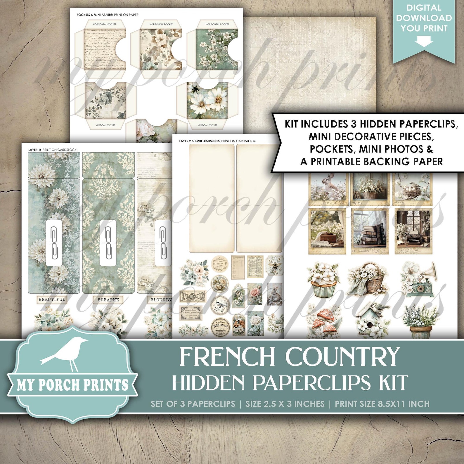 French Country Hidden Paperclips Kit, 3, Blue Junk Journal Paper Clips ...