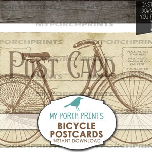 May include: Vintage-style postcard featuring a black and white illustration of a bicycle with the text "Post Card" printed on it. The postcard has a brown background and includes a stamp area with postage rates for the United States, Canada, Mexico, and other countries.