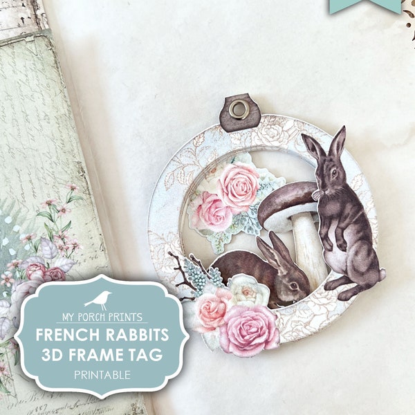 Junk Journal, French, Rabbits, 3D Frame Tag, Kit, Ephemera, Easter, Bunny, Fairy, Pink, Rose, Printable, My Porch Prints, Digital Download