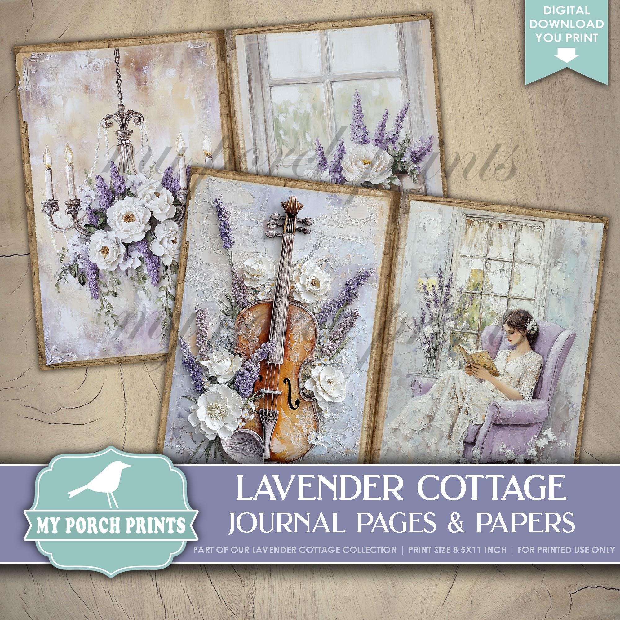 Lavender Cottage Junk Journal PAGES & PAPERS, Vintage, Purple, Ivory ...