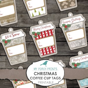 Kerstmis, koffiekopje, label, kersttags, cadeaulabel, naar van, Junk Journal Ephemera, December Daily, Afdrukbaar, My Porch Prints, Digi Kit