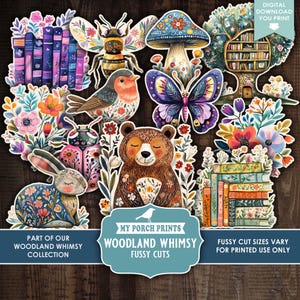 May include: A selection of whimsical woodland-themed fussy cut stickers. The stickers depict a bear, rabbit, bee, butterfly, bird, mushroom, books, and flowers. The colour palette includes blues, purples, oranges, and greens. Text on the image reads "Woodland Whimsy Fussy Cuts".