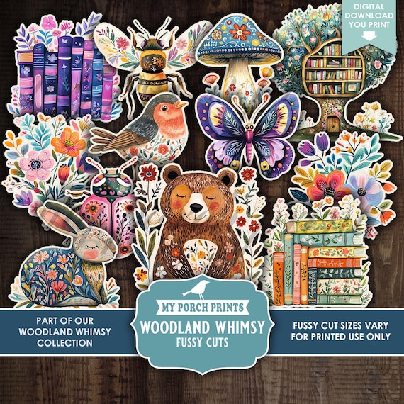 Woodland Whimsy Junk Journal FUSSY CUTS, Kit Colorful  Boy Girl Kids Forest Animals Magic My Porch Prints Printable Digital Download