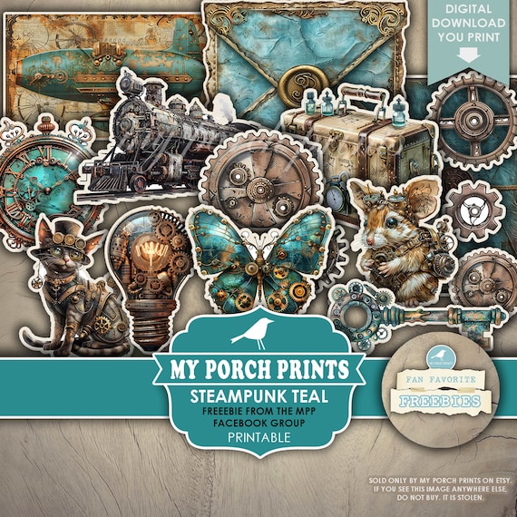 Steampunk Teal Fussy Cuts Fan Favorite Freebie, Junk Journal, Facebook, Gears Planner Stickers, My Porch Prints, Digital Download, Printable