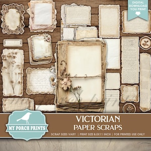 Victorian Paper Scraps for Junk Journal, Neutral, Ephemera, Shabby Vintage, Cricut, Topper, Layer My Porch Prints Printable Digital Download