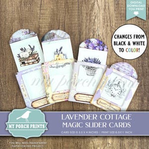 Op de afbeelding: Een verzameling magische schuifkaarten met lavendelthema, met verschillende ontwerpen, waaronder lavendeltakken, een zakhorloge en een limonadeglas. De kaarten zijn in vintage stijl met een paars-wit kleurenschema. De kaartgrootte is 8,9 x 10,2 cm.